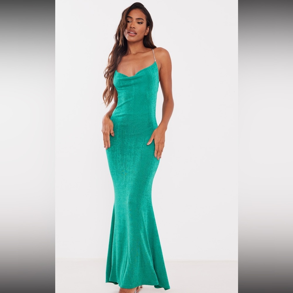 Green Acetate Slinky Diamanté Strap Cowl Back Maxi Dress size 10